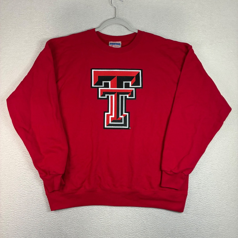 Vintage Texas Tech Crewneck Sweatshirt Men L Red Pullover Hanes Red Raiders Y2K